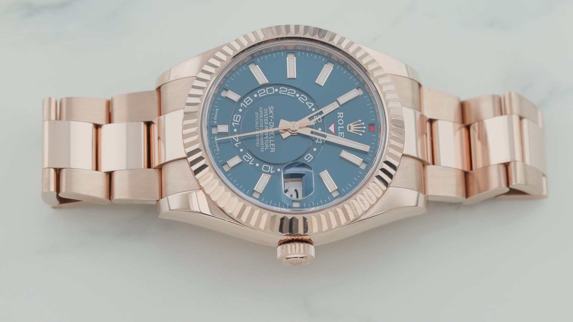 Rolex Sky-Dweller 42MM 336935 Blue Dial Fluted Bezel 18K Rose Gold Oyster Bracelet