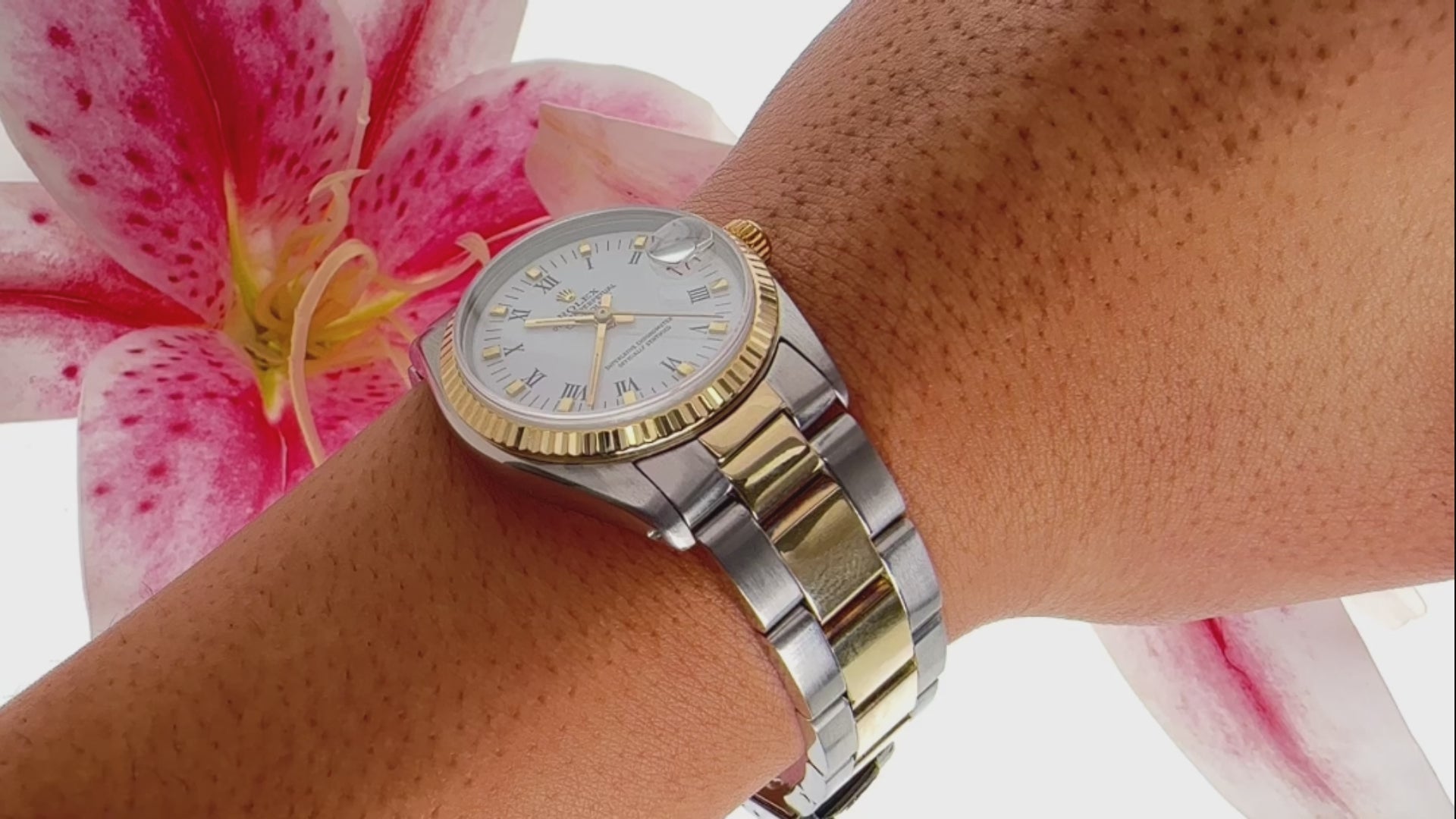Rolex Datejust 31MM 6827 White Roman Dial Fluted Bezel Two Tone Yellow Gold Oyster Bracelet
