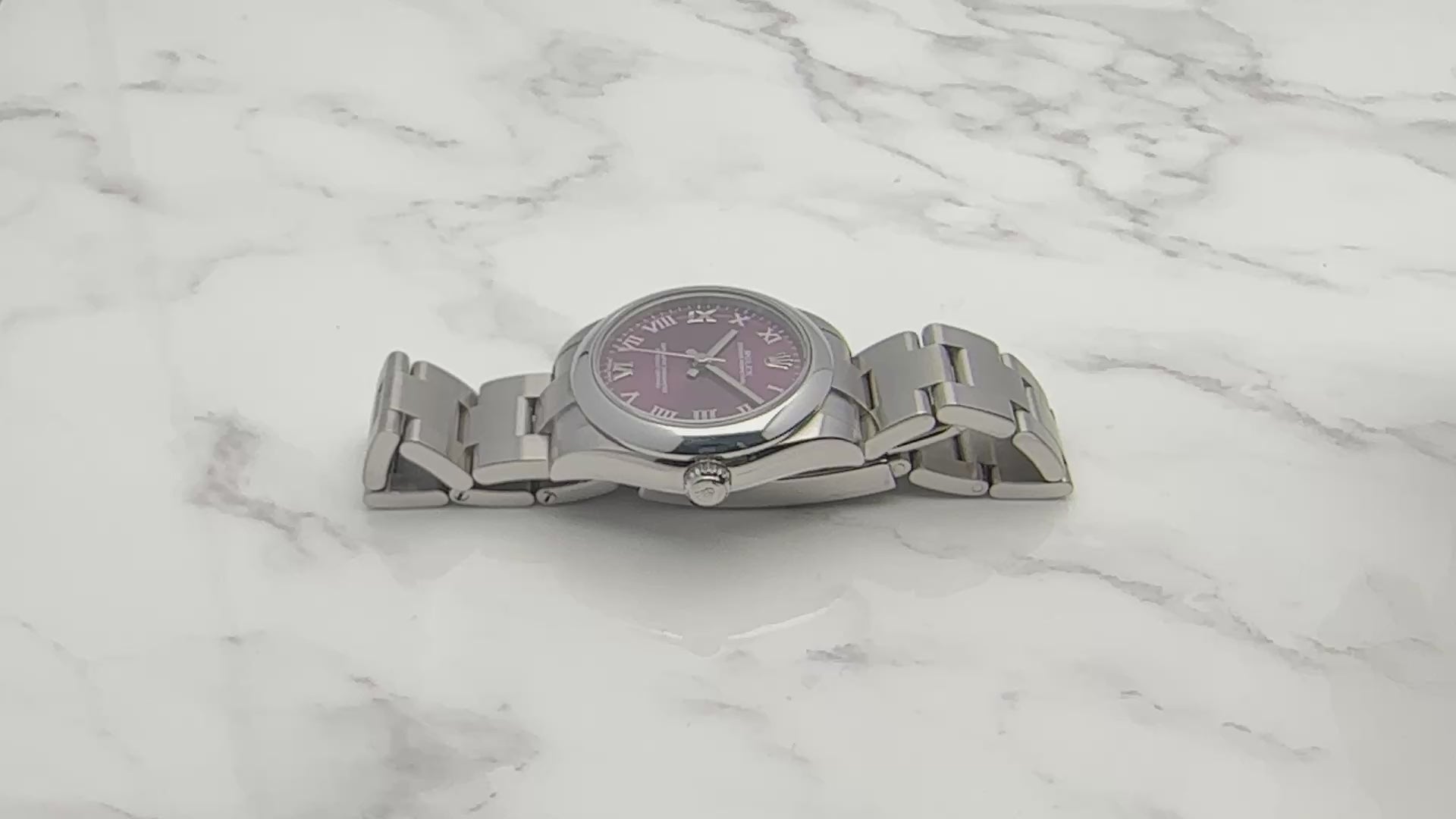 ROLEX OYSTER PERPETUAL 31MM CUSTOM PURPLE ROMAN DIAL STAINLESS STEEL WATCH