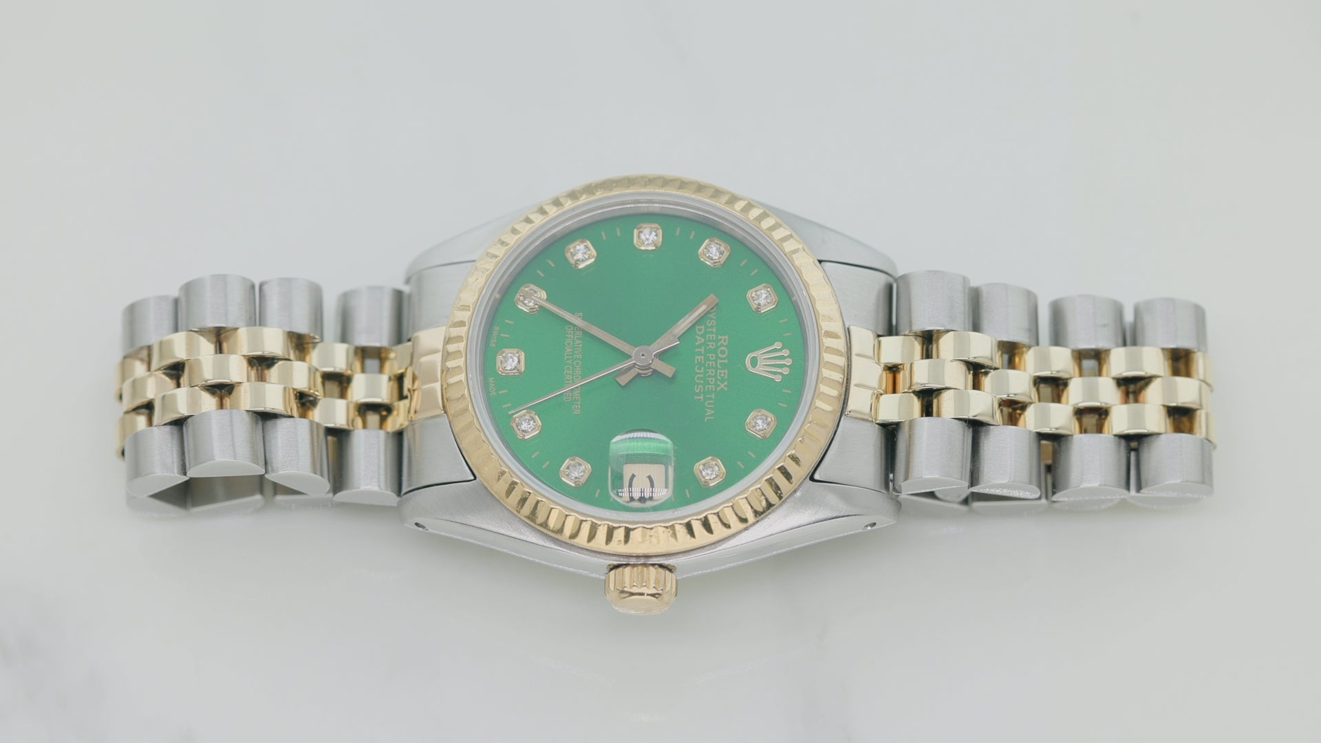 Rolex Datejust 31MM 6827 Green Diamond Dial Fluted Bezel Two Tone Yellow Gold Jubilee Bracelet