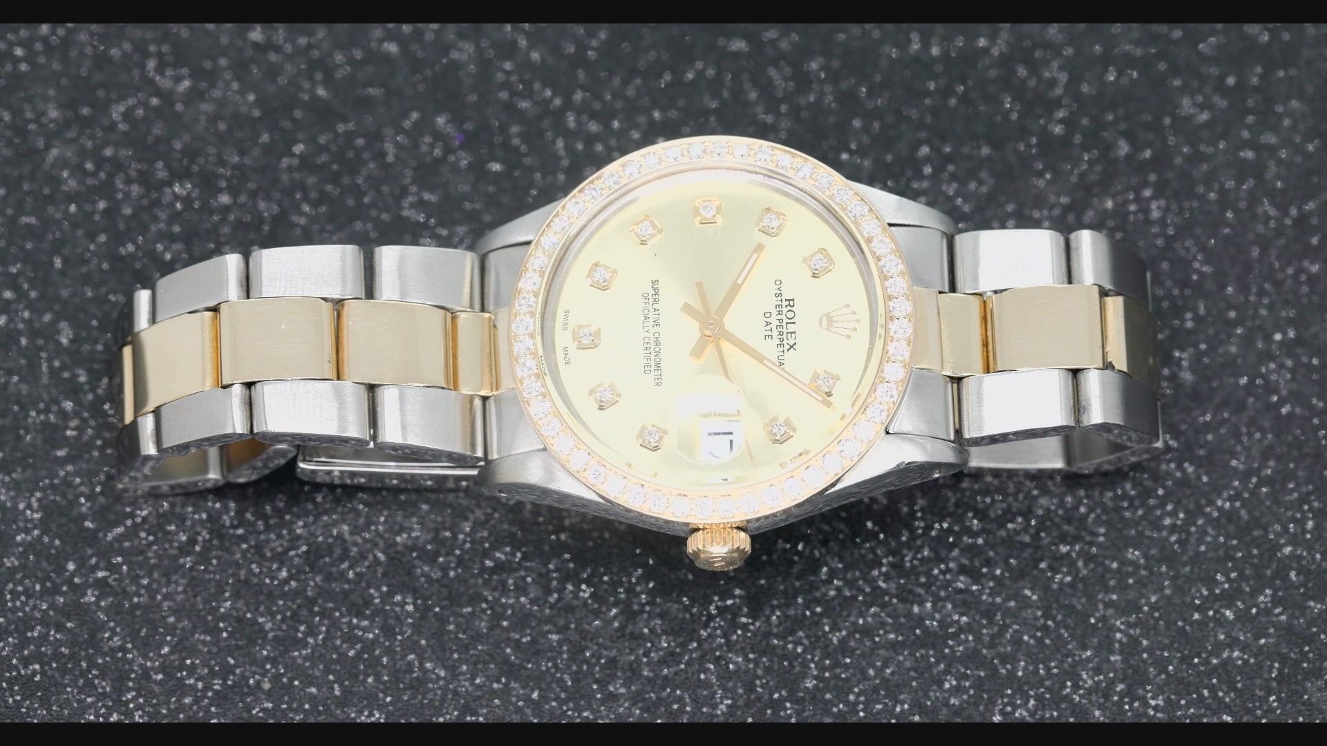 Rolex Date 34MM 15223 Champagne Diamond Dial Diamond Bezel Two Tone Yellow Gold Oyster Bracelet 1.2ct