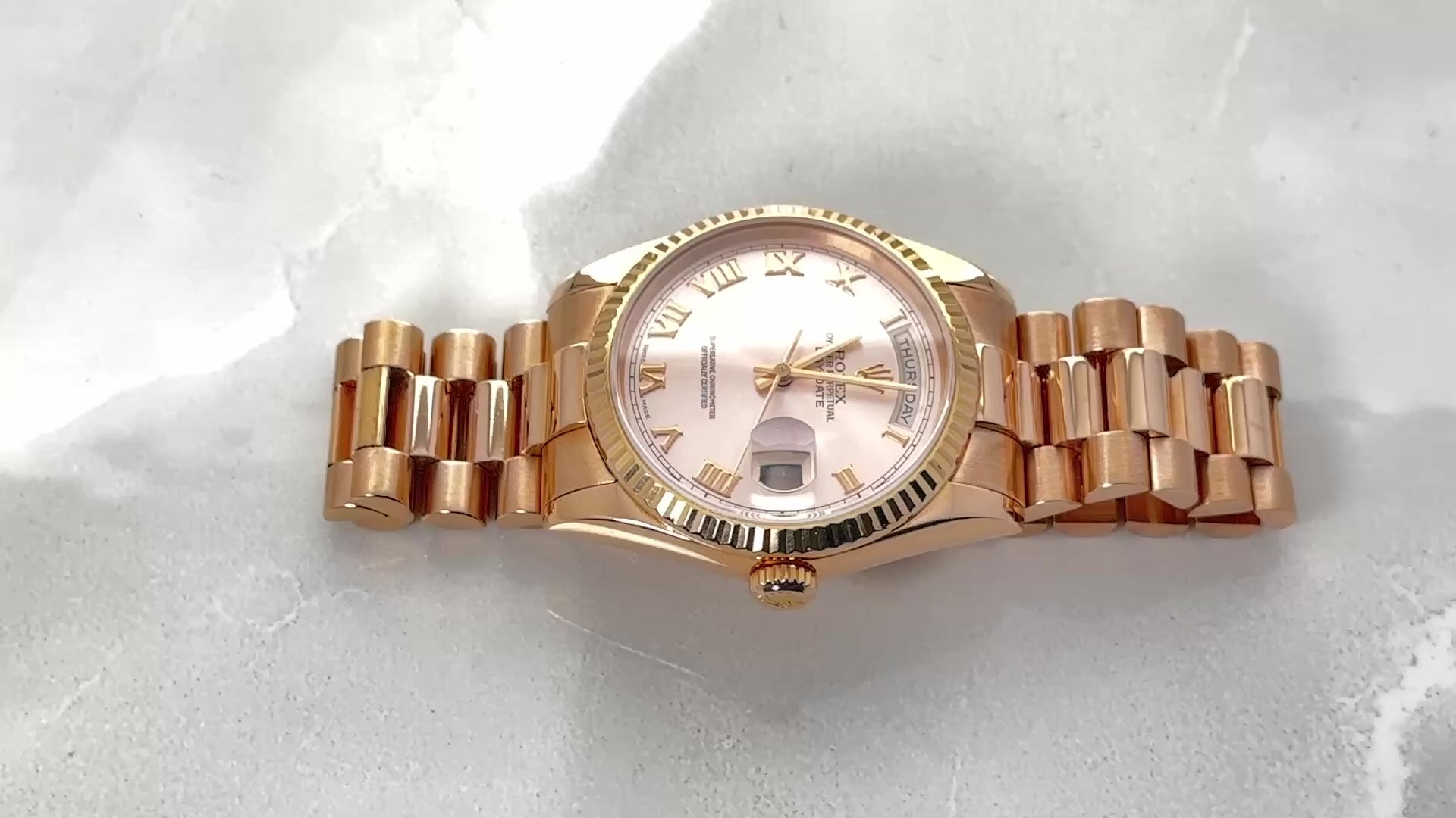 ROLEX DAY-DATE 36MM CHAMPAGNE ROMAN DIAL 18K ROSE GOLD PRESIDENT BRACELET 118235