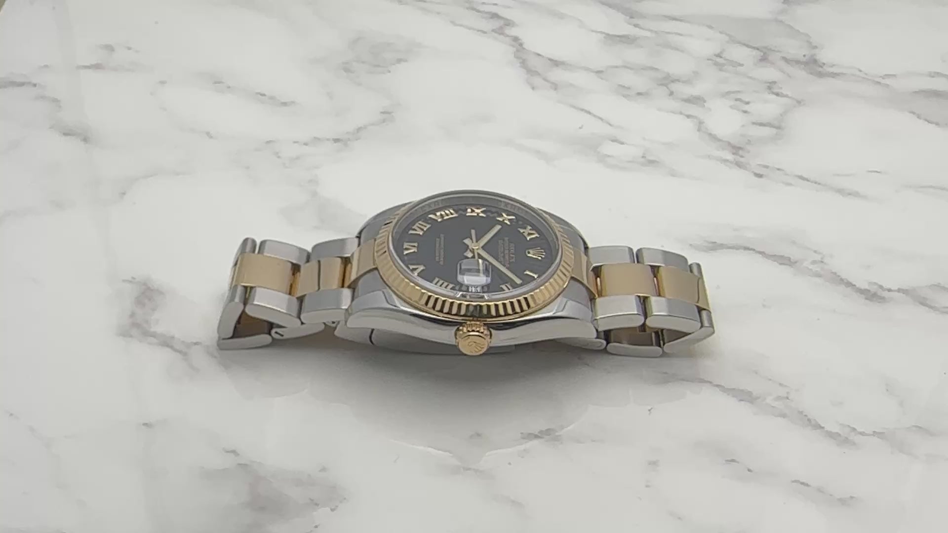 ROLEX DATEJUST 36 BLACK CONCENTRIC ROMAN DIAL 18K YELLOW GOLD & STAINLESS STEEL WATCH 116233