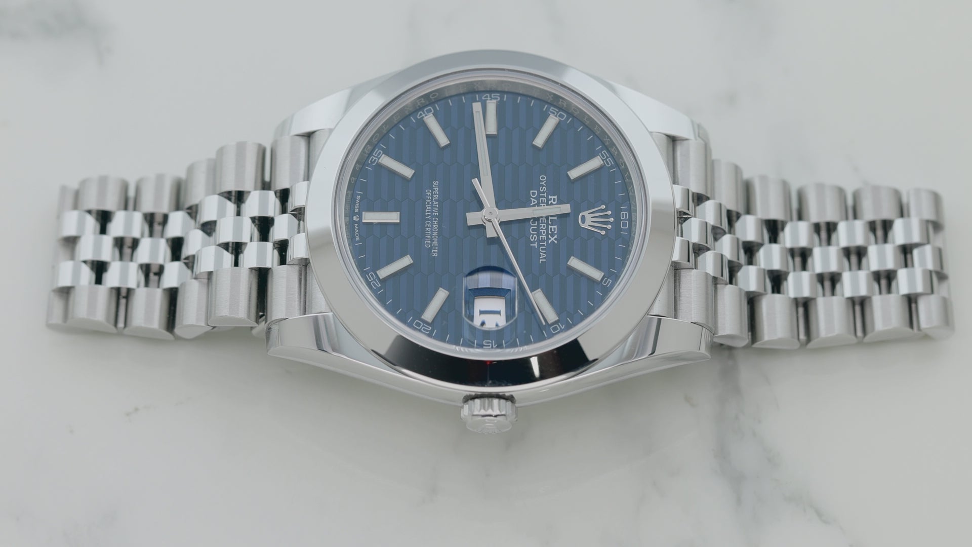 Rolex Datejust 41MM 126300 Blue Motif Dial Smooth Bezel Stainless Steel Jubilee Bracelet