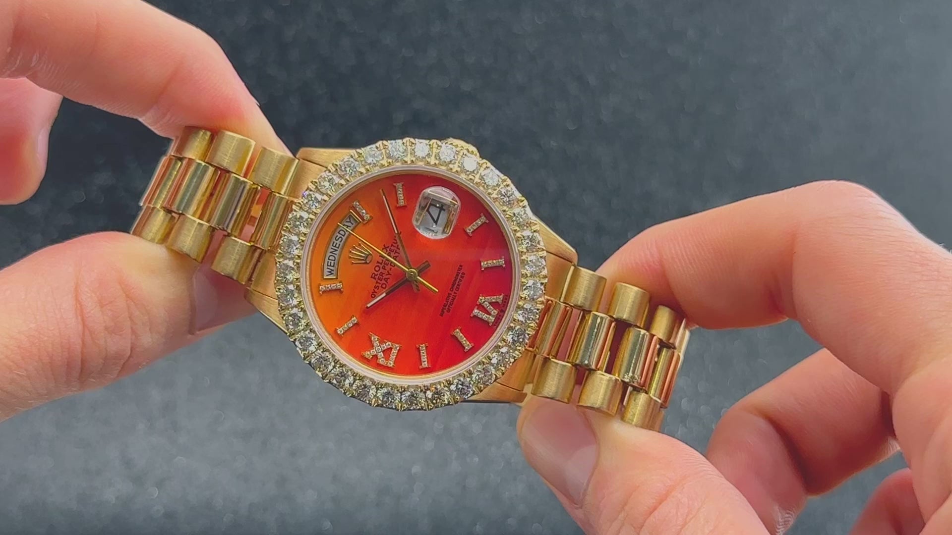 Rolex Day-Date 36MM 18238 Red Roman Diamond Dial Diamond Bezel 18K Yellow Gold President Bracelet