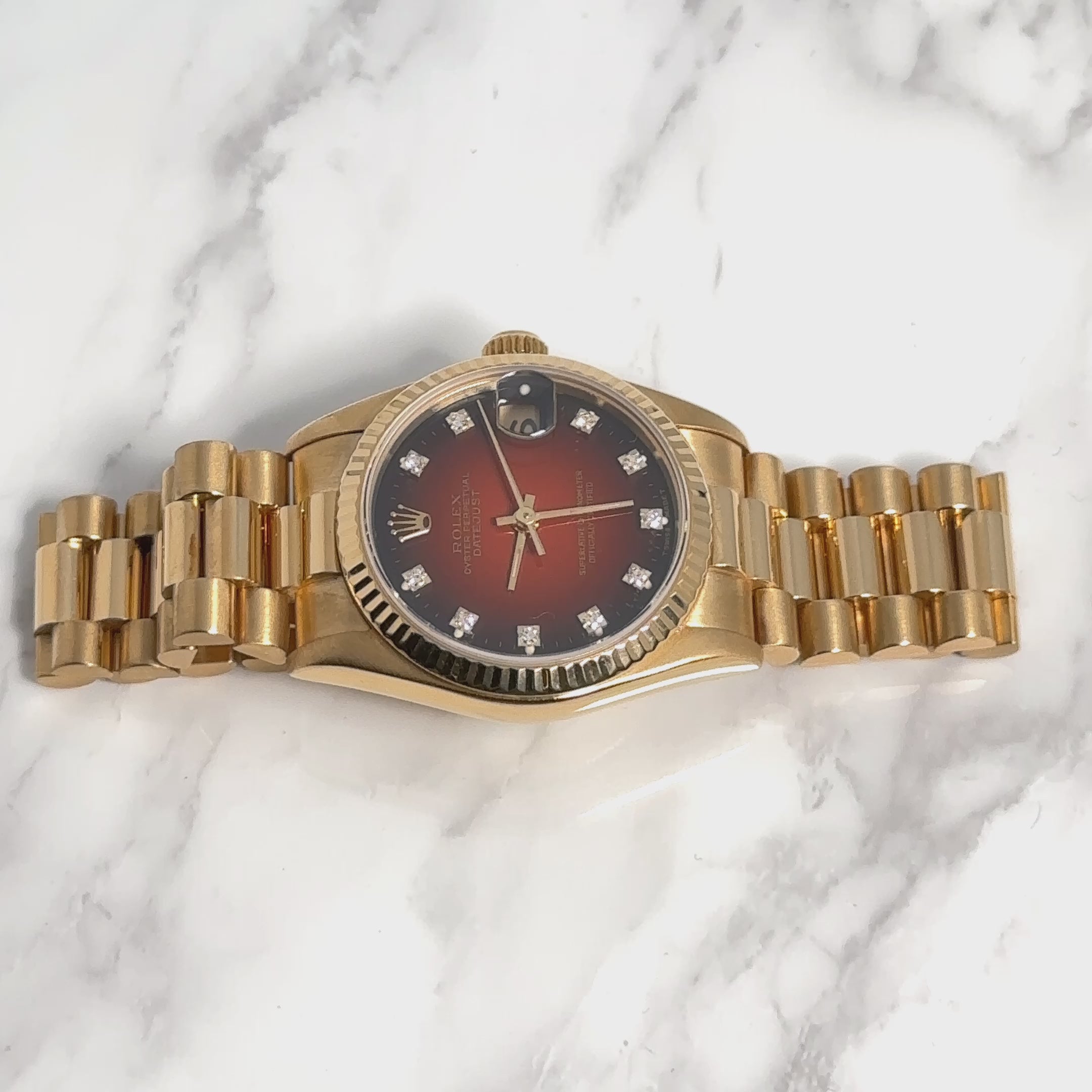 ROLEX DATEJUST 68278 PRESIDENT 31MM YELLOW GOLD RED DIAMOND DIAL WATCH