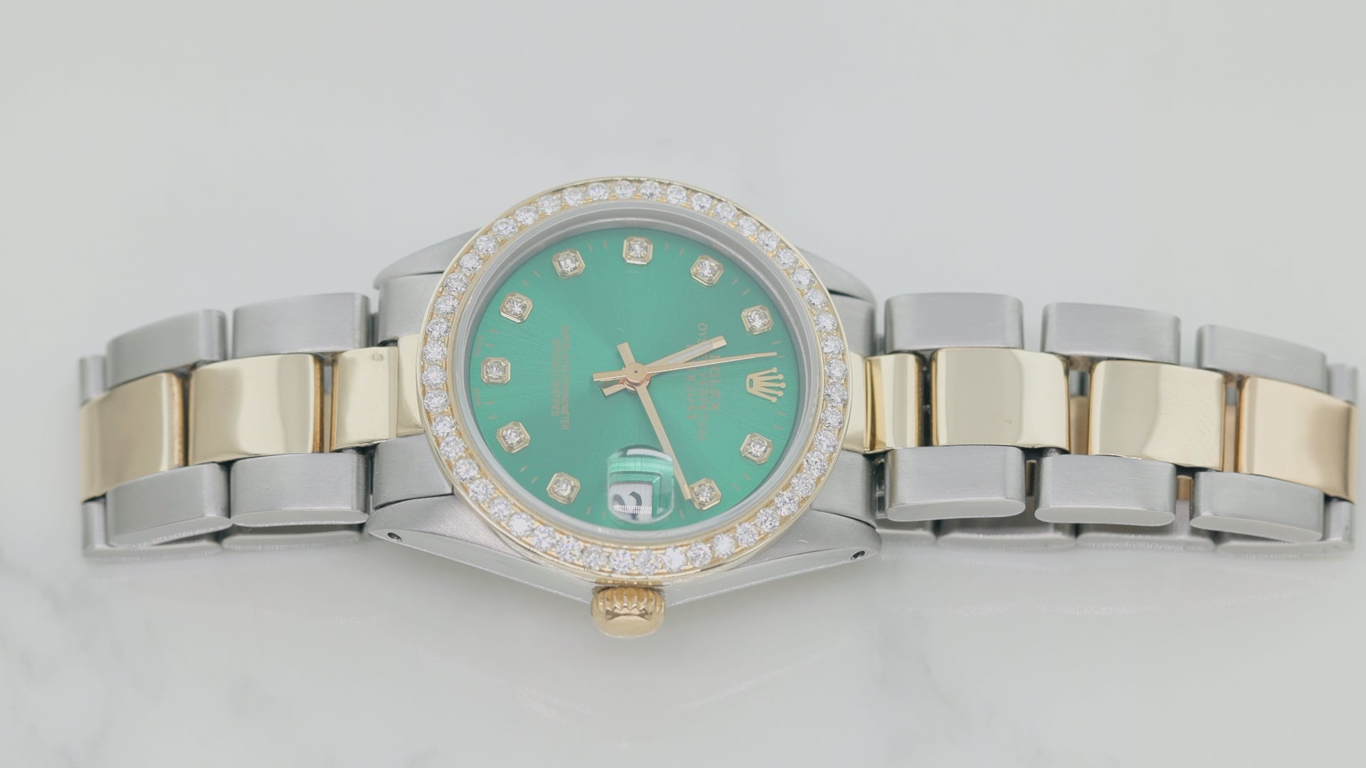 Rolex Datejust 31MM 6824 Green Diamond Dial Diamond Bezel Two Tone Yellow Gold Oyster Bracelet