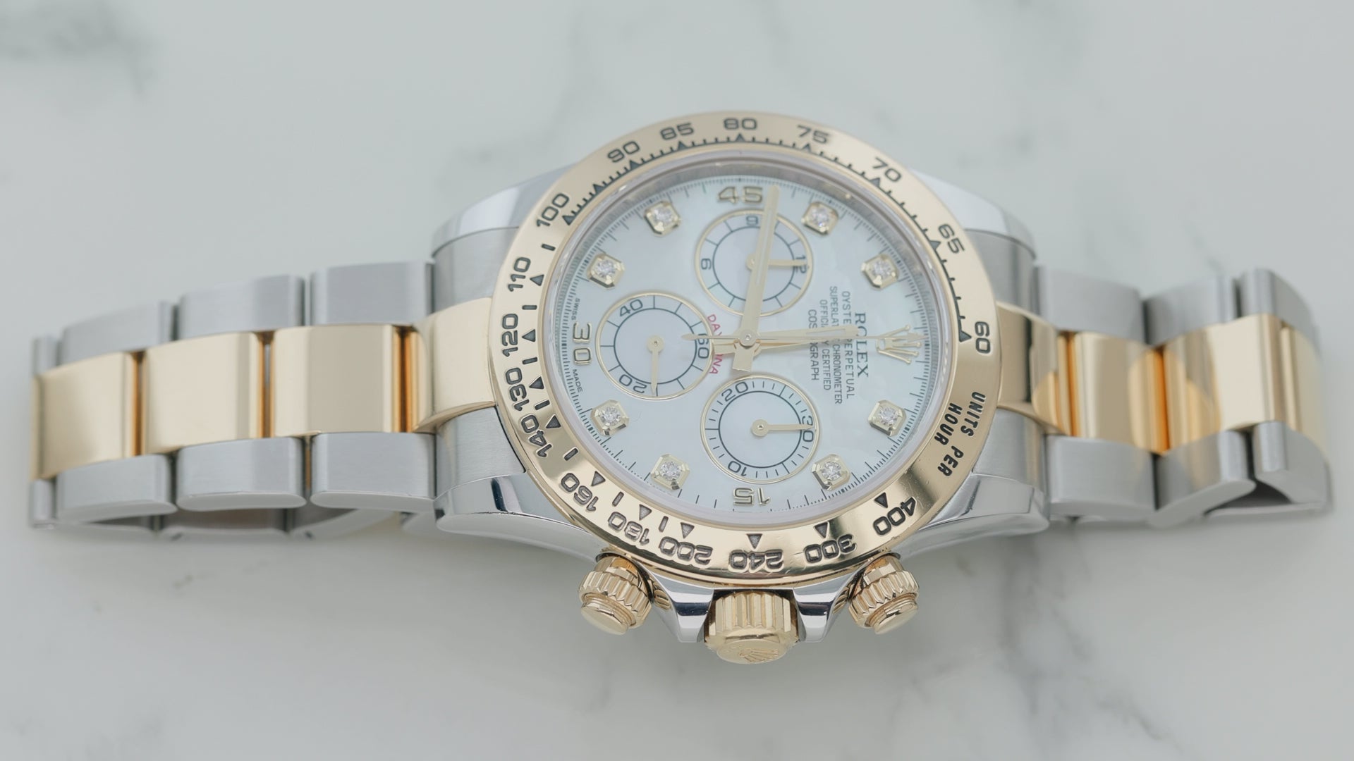Rolex Cosmograph Daytona 40MM 116503 Mother of Pearl Diamond Dial Tachymeter Bezel Two Tone Yellow Gold Oyster Bracelet