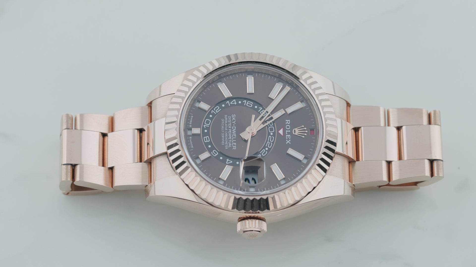 Rolex Sky-Dweller 42MM 326935 Chocolate Dial Fluted Bezel 18K Rose Gold Oyster Bracelet
