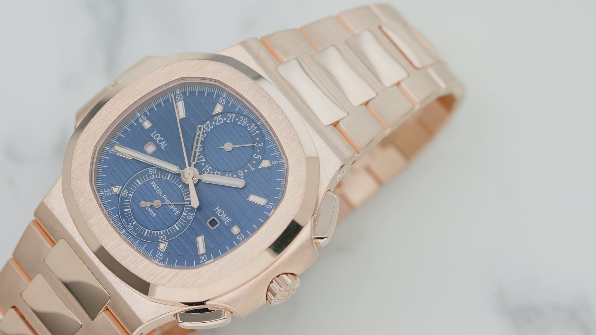 Patek Philippe Nautilus Self-Winding Travel Time Chronograph 5990 40.5MM Sunburst Blue Dial With Rose Gold Bracelet