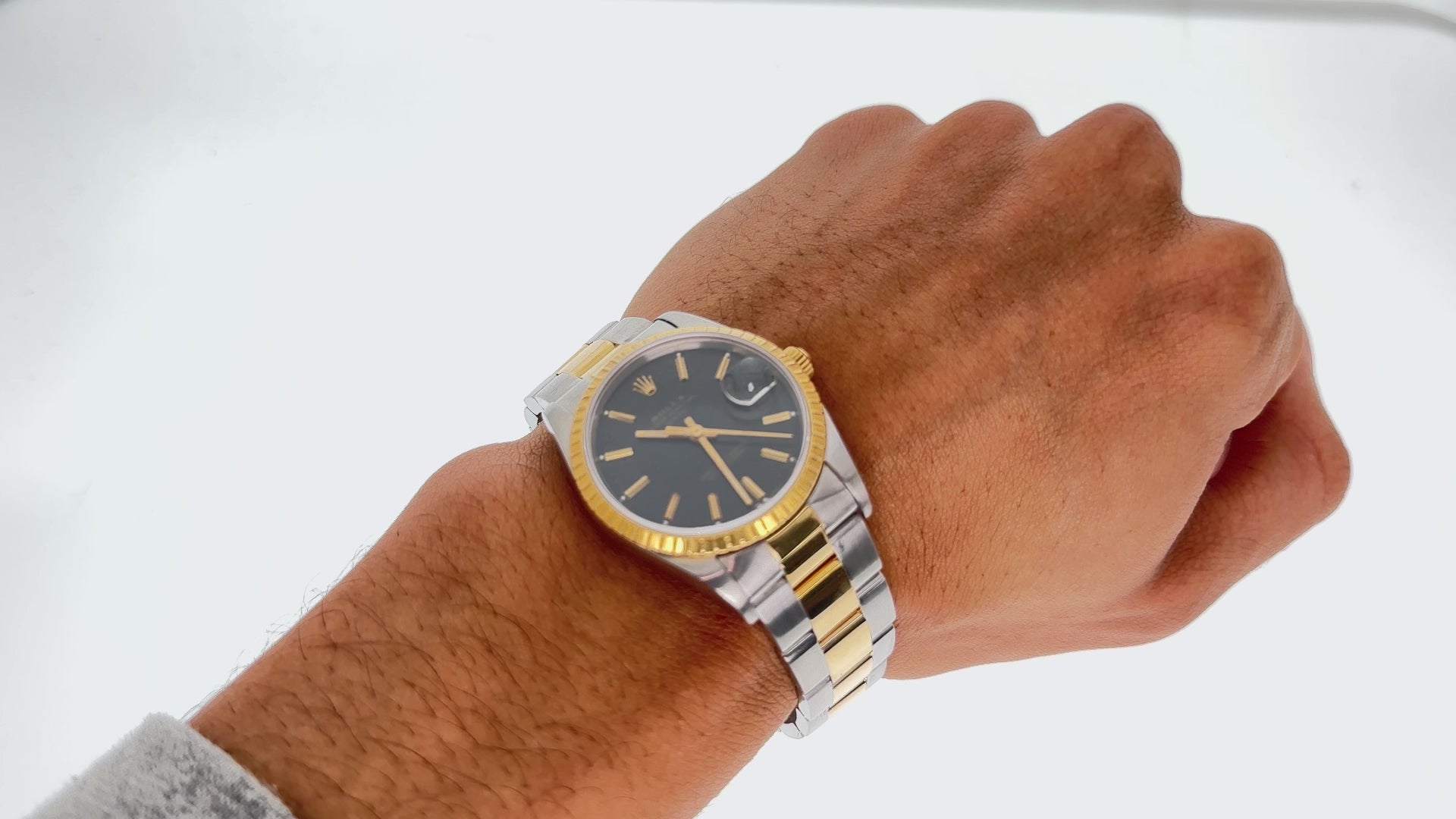 Rolex Date 34MM 15053 Black Dial Engine Turned Bezel Two Tone Yellow Gold Oyster Bracelet