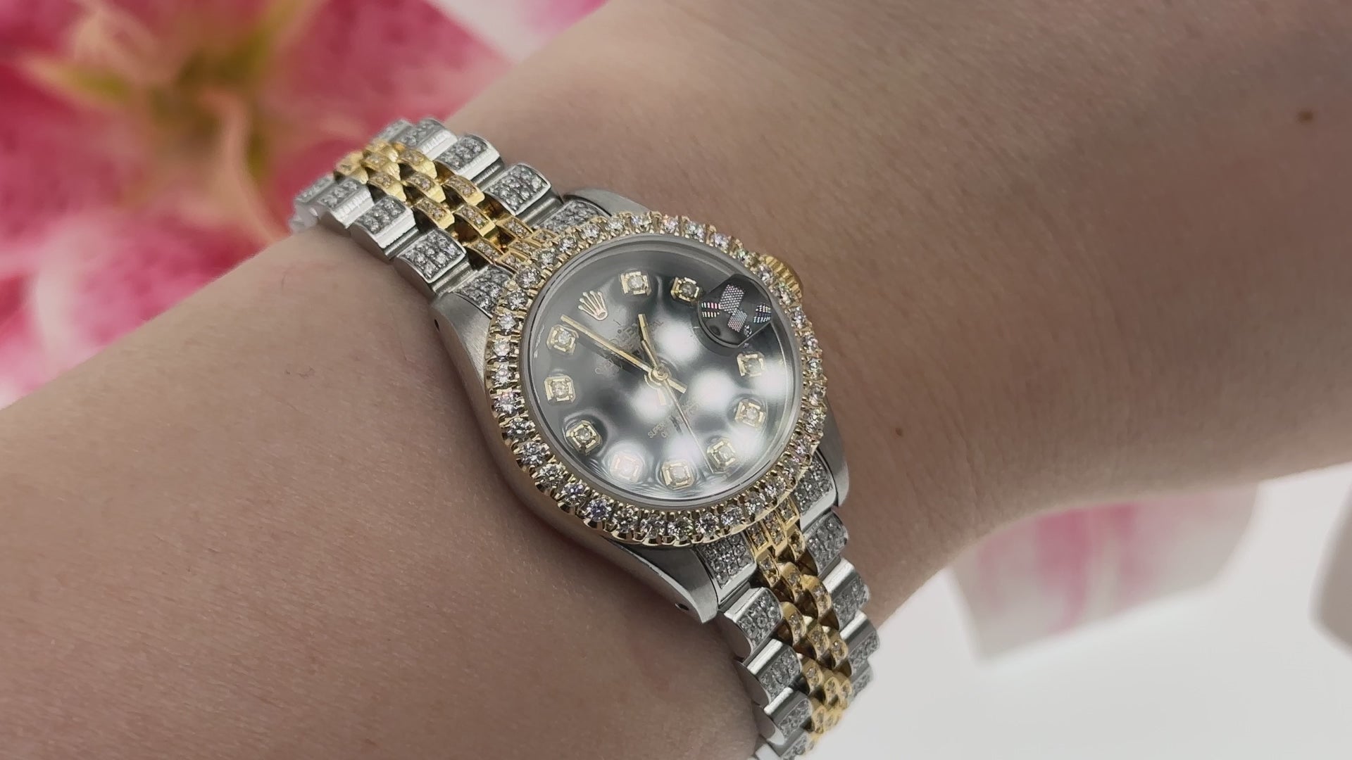 Rolex Datejust 26MM 6917 Black Diamond Dial Diamond Bezel Two Tone Yellow Gold Full Diamond Jubilee Bracelet