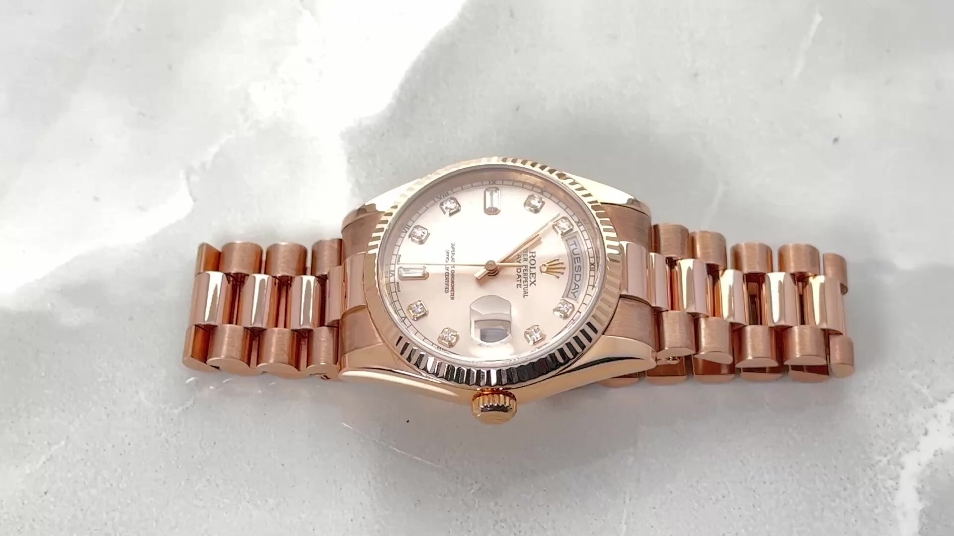 ROLEX DAY-DATE 36MM CHAMPAGNE DIAMOND DIAL 18K ROSE GOLD PRESIDENT 118205