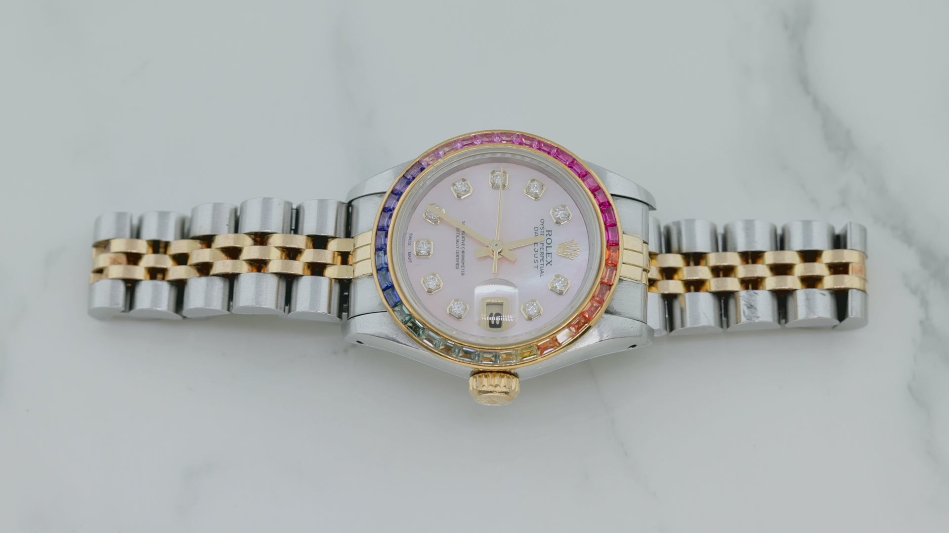 Rolex Datejust 26MM 6917 Pink Mother of Pearl Diamond Dial Rainbow Gemstone Bezel Two Tone Yellow Gold Jubilee Bracelet 0.2ct