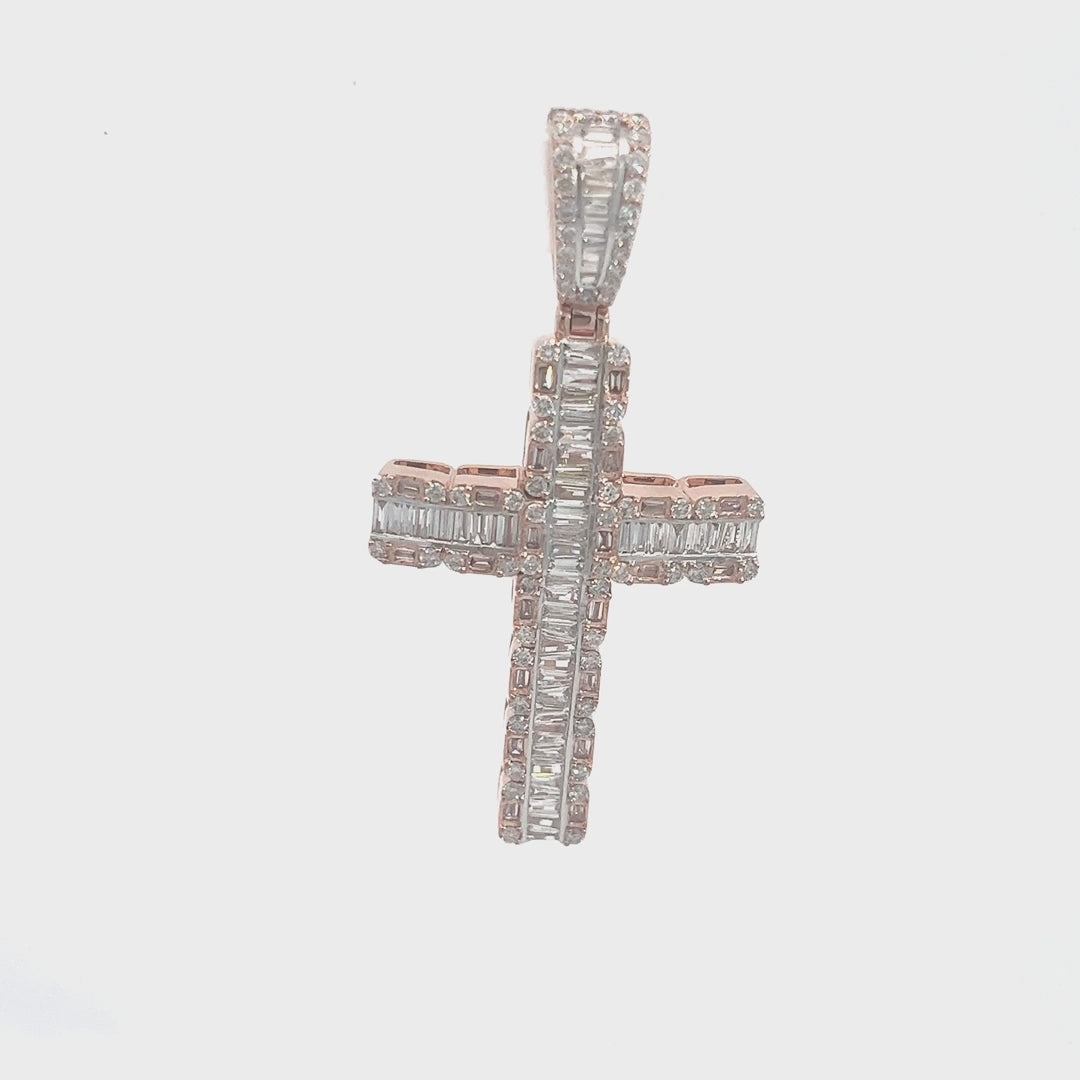 10K GOLD BAGUETTE AND ROUND DIAMOND CROSS PENDANT 2.84 CT