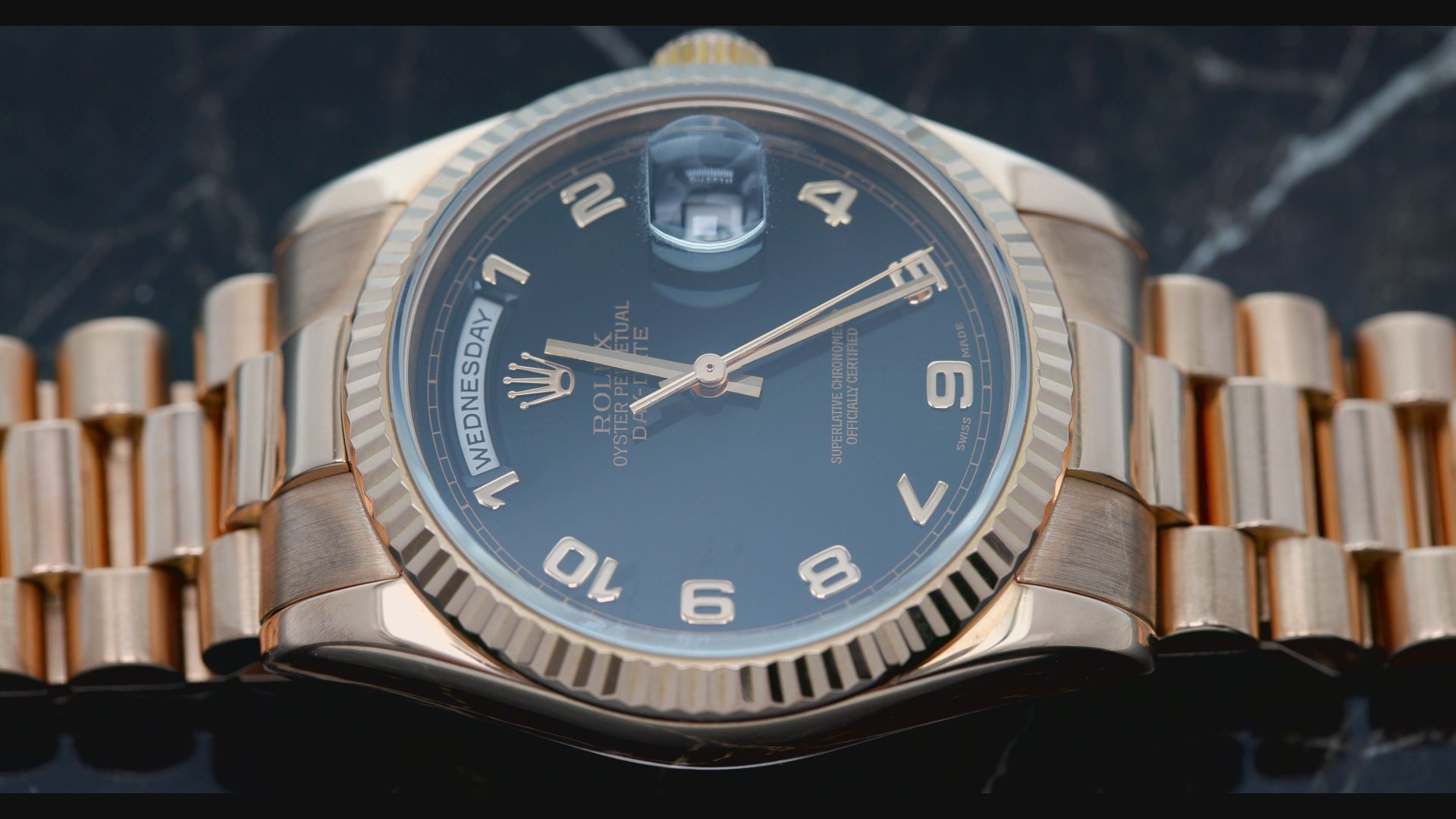 Rolex Day-Date 36MM 118235 Black Arabic Dial Fluted Bezel 18K Rose Gold President Bracelet