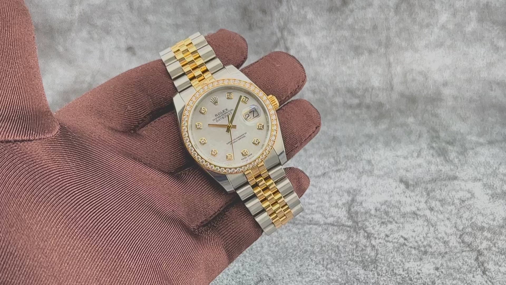 Rolex Datejust 36MM 116243 Mother of Pearl Diamond Dial Diamond Bezel Two Tone Yellow Gold Jubilee Bracelet