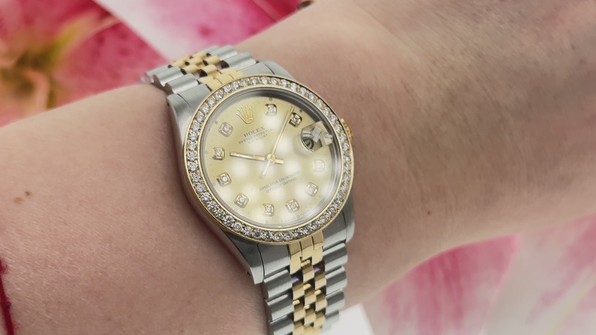 Rolex Datejust 31MM 6824 Champagne Diamond Dial Diamond Bezel Two Tone Yellow Gold Jubilee Bracelet 1.05ct