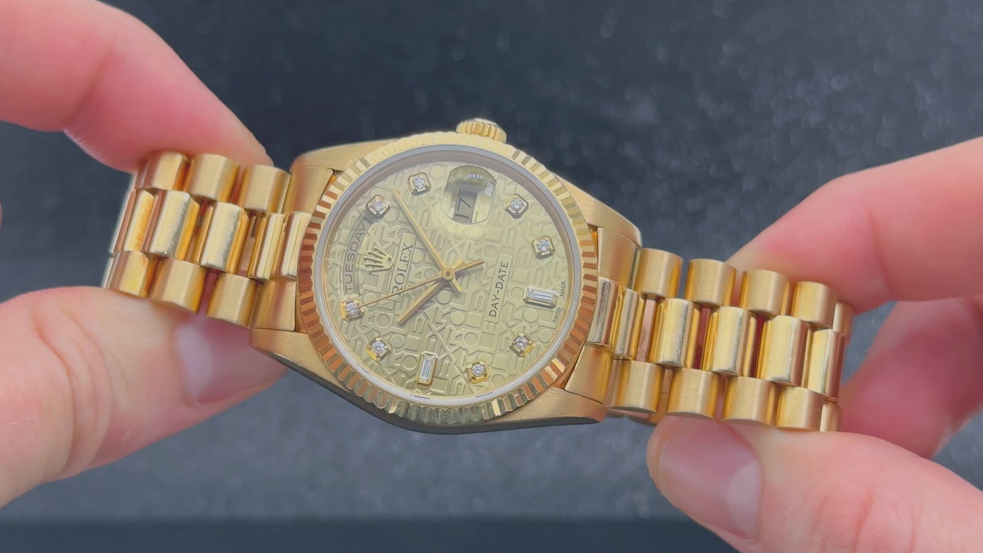 Rolex Day-Date 36MM 18238 Champagne Pattern Diamond Dial Fluted Bezel 18K Yellow Gold President Bracelet