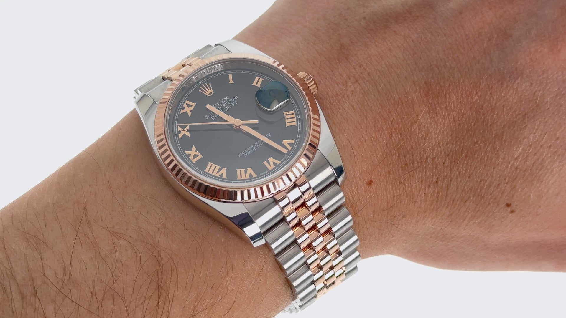 Rolex Datejust 36MM 116231 Black Roman Dial Fluted Bezel Two Tone Rose Gold Jubilee Bracelet