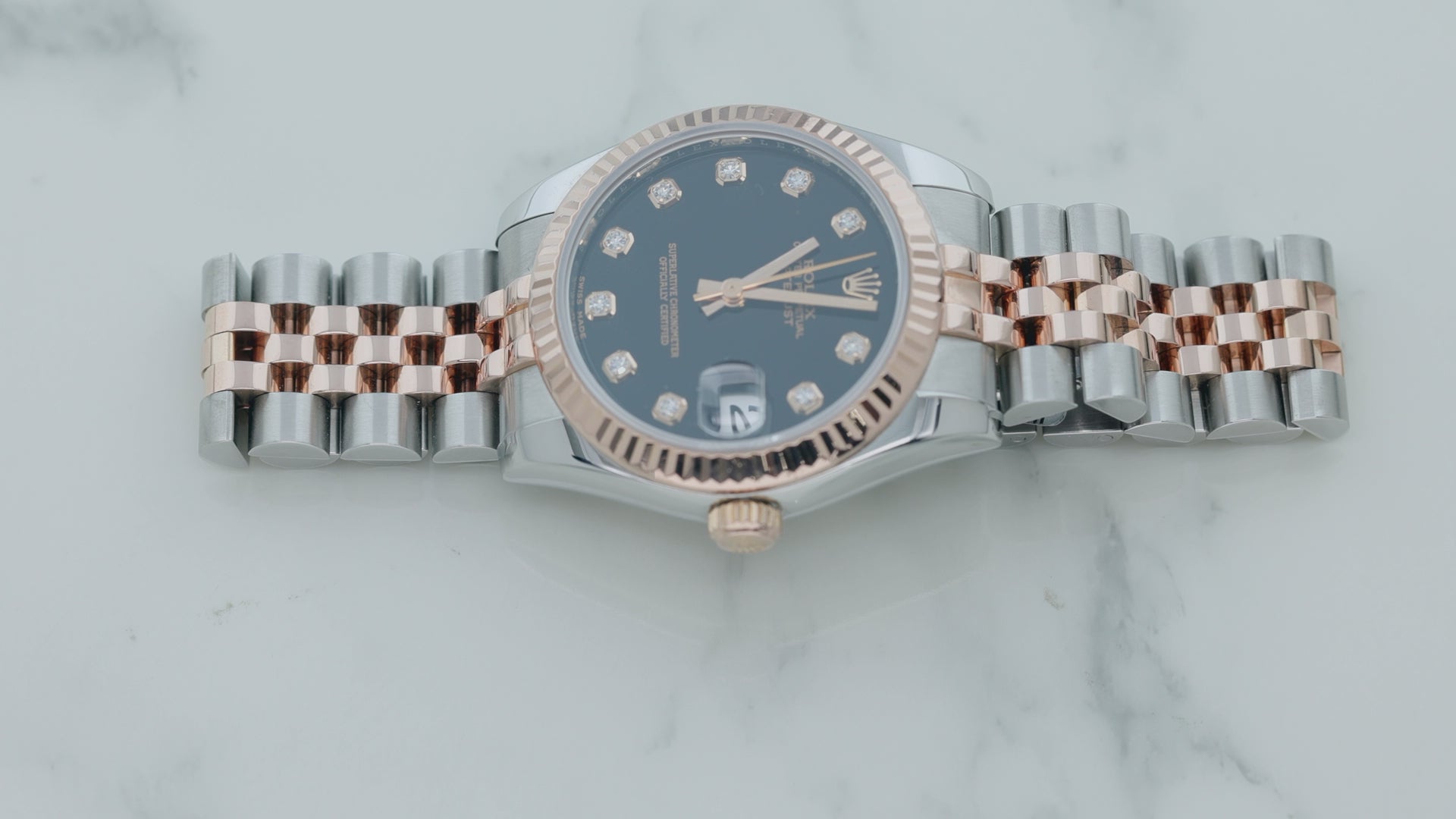 Rolex Datejust 31MM 178271 Black Diamond Dial Fluted Bezel Two Tone Rose Gold Jubilee Bracelet