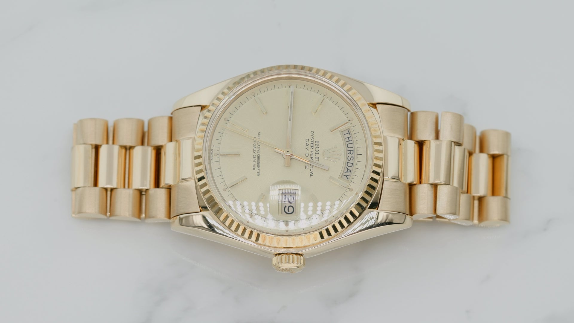 Rolex Day-Date 36MM 1803 Champagne Dial Yellow Gold Fluted Bezel 18K Yellow Gold President Bracelet Video