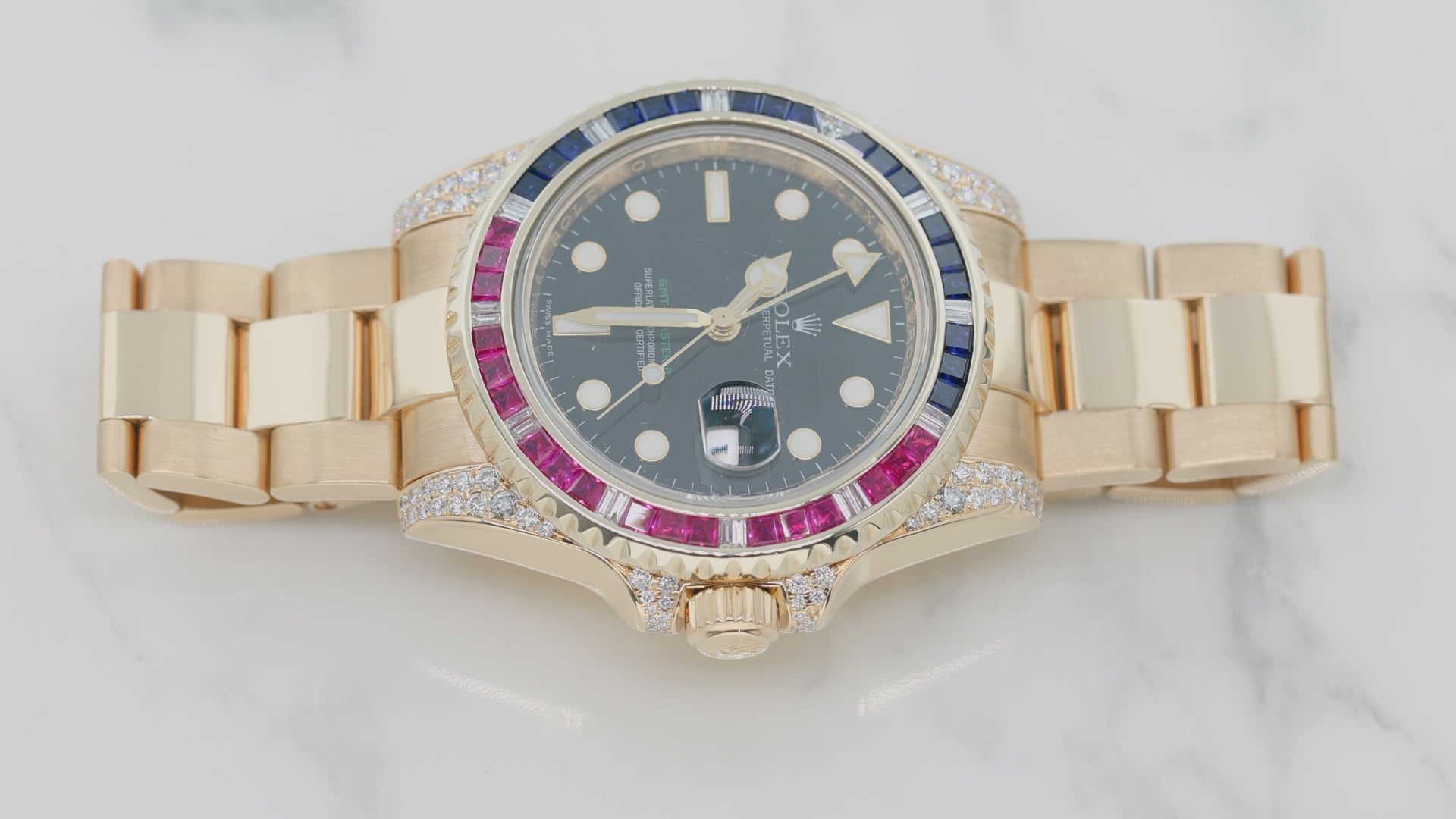 Rolex GMT-Master II 40MM 116718 Black Dial Blue Red Gemstone & Diamond Bezel 18K Yellow Gold Oyster Bracelet