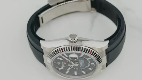 ROLEX SKY-DWELLER WHITE GOLD BLACK INDEX DIAL OYSTERFLEX 336235 WITH RUBBER STRAP