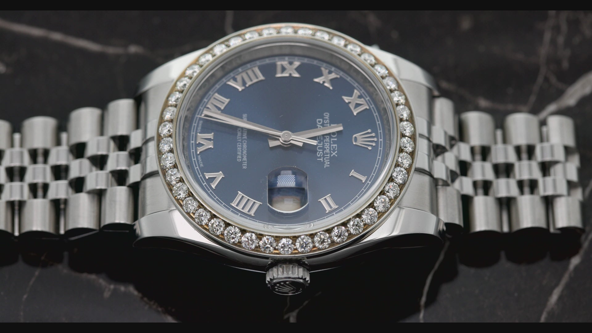STAINLESS STEEL ROLEX DATEJUST 116200 36MM BLUE DIAL AND DIAMOND BEZEL