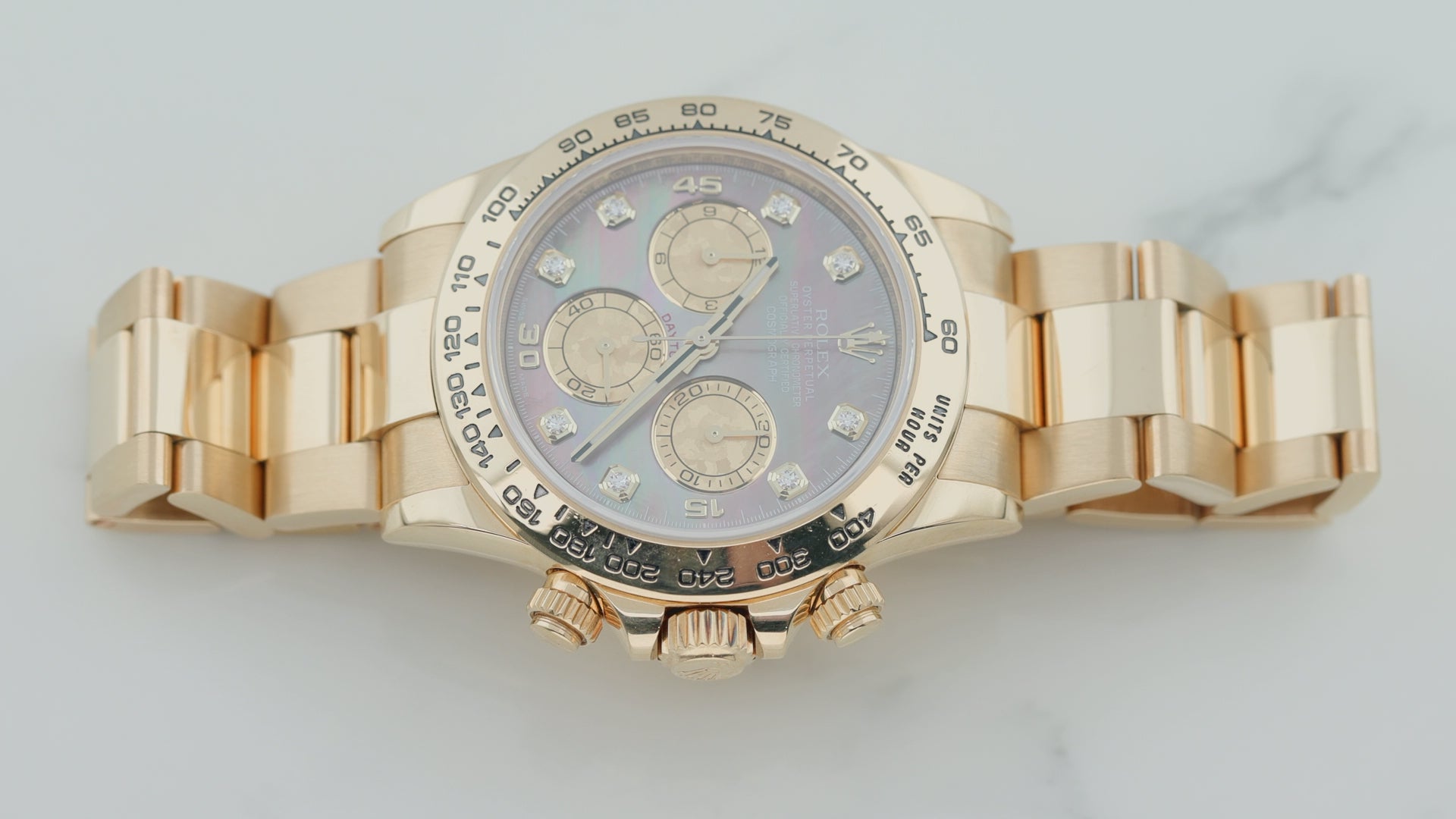 Rolex Cosmograph Daytona 40MM 116508 Black Mother of Pearl Diamond Dial Tachymeter Bezel 18K Yellow Gold Oyster Bracelet
