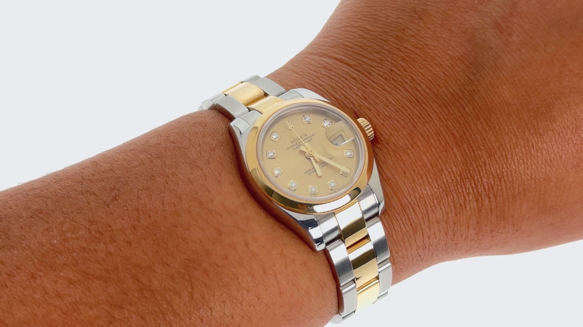 Rolex Datejust 26MM 179163 Champagne Diamond Dial Smooth Bezel Two Tone Yellow Gold Oyster Bracelet