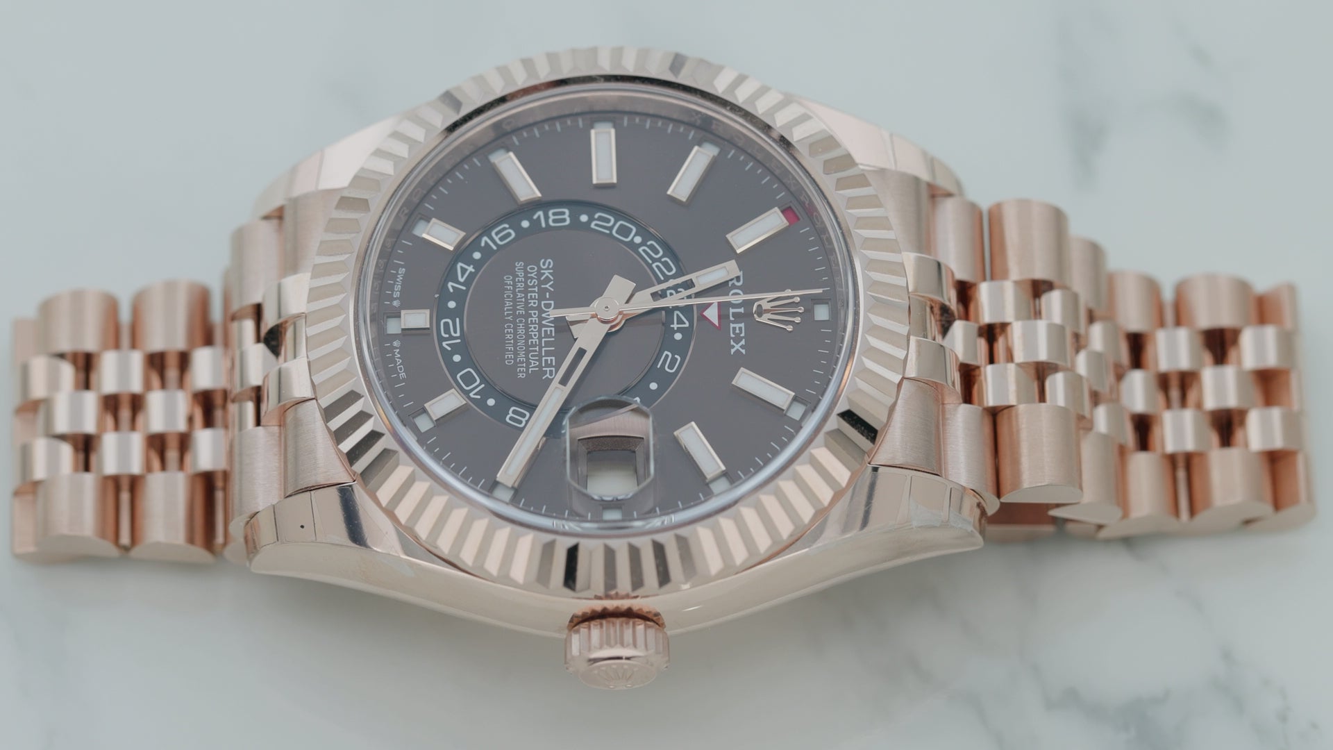 Rolex Sky-Dweller 42MM 336935 Chocolate Dial Fluted Bezel 18K Rose Gold Jubilee Bracelet