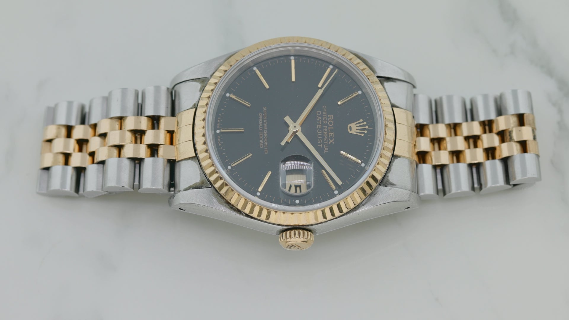 Rolex Datejust 36MM 16233 Black Dial Fluted Bezel Two Tone Yellow Gold Jubilee Bracelet