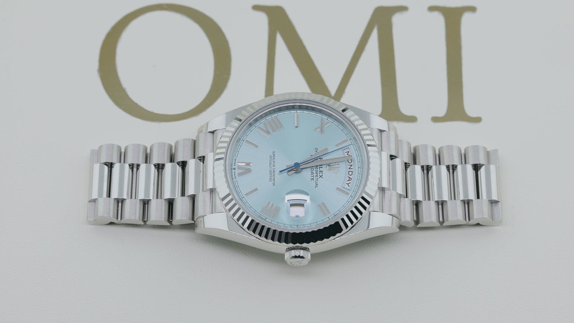 Rolex Day-Date 40MM 228236 Ice Blue Roman Dial Fluted Bezel Platinum President Bracelet