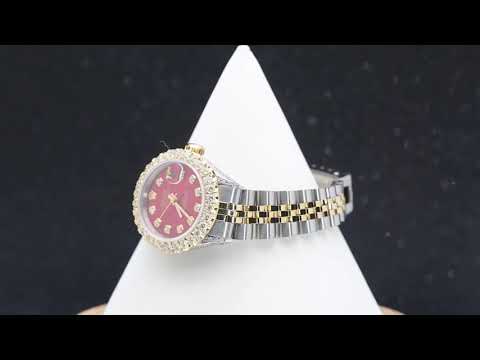 Rolex Datejust 26MM 69173 Red Diamond Dial Diamond Bezel Two Tone Yellow Gold Jubilee Bracelet 2.25ct