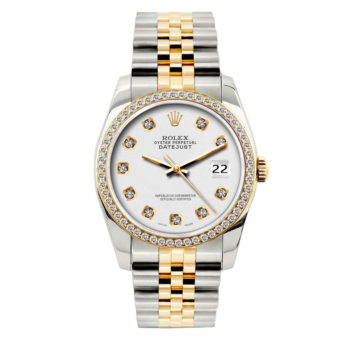Rolex Datejust 36MM 16013 White Diamond Dial Diamond Bezel Two Tone Yellow Gold Jubilee Bracelet 1.2ct