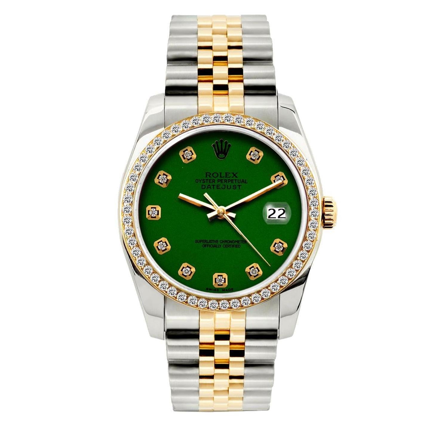 Rolex Datejust 36MM 16013 Green Diamond Dial Diamond Bezel Two Tone Yellow Gold Jubilee Bracelet 1.2ct