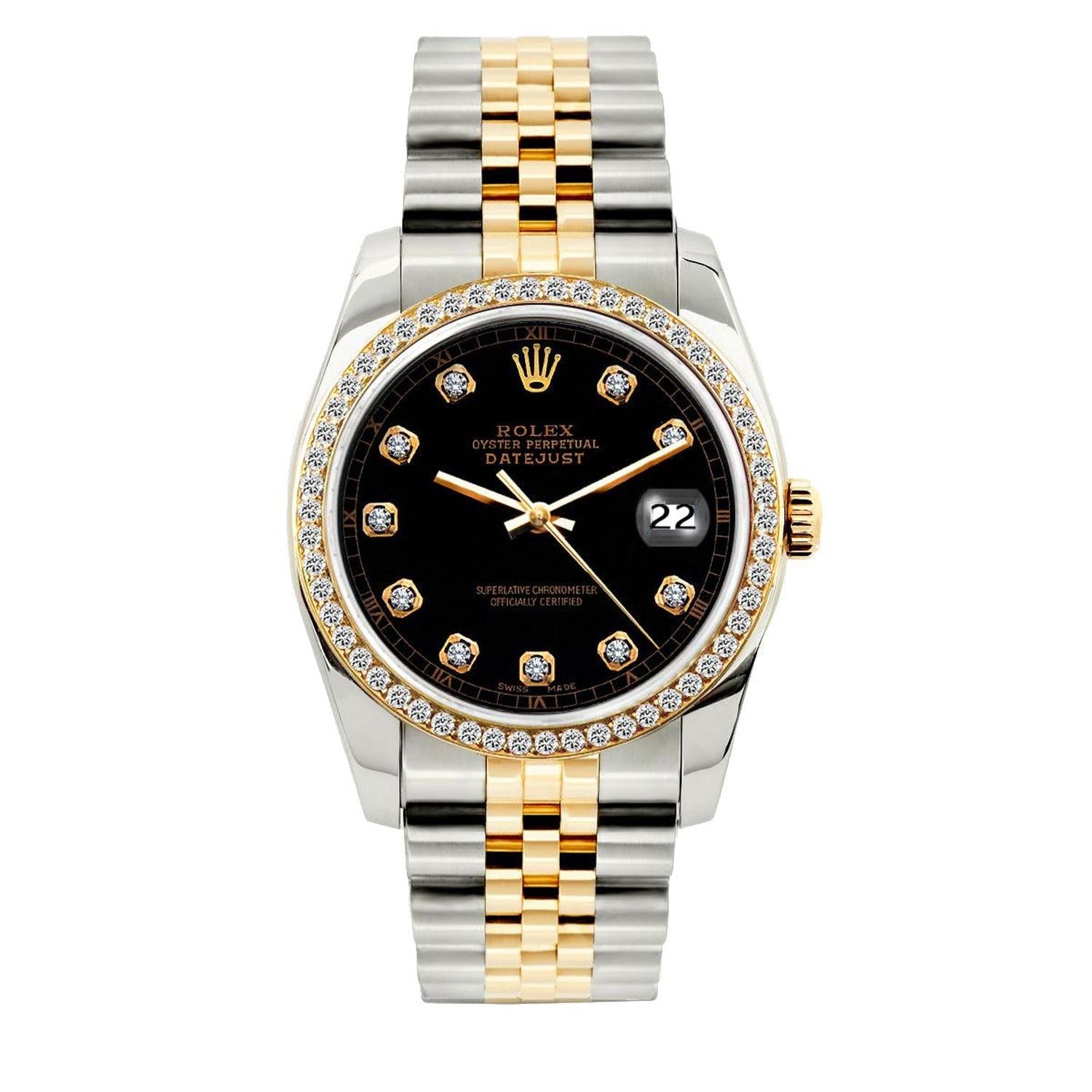 Rolex Datejust 36MM 16013 Black Diamond Dial Diamond Bezel Two Tone Yellow Gold Jubilee Bracelet 1.2ct