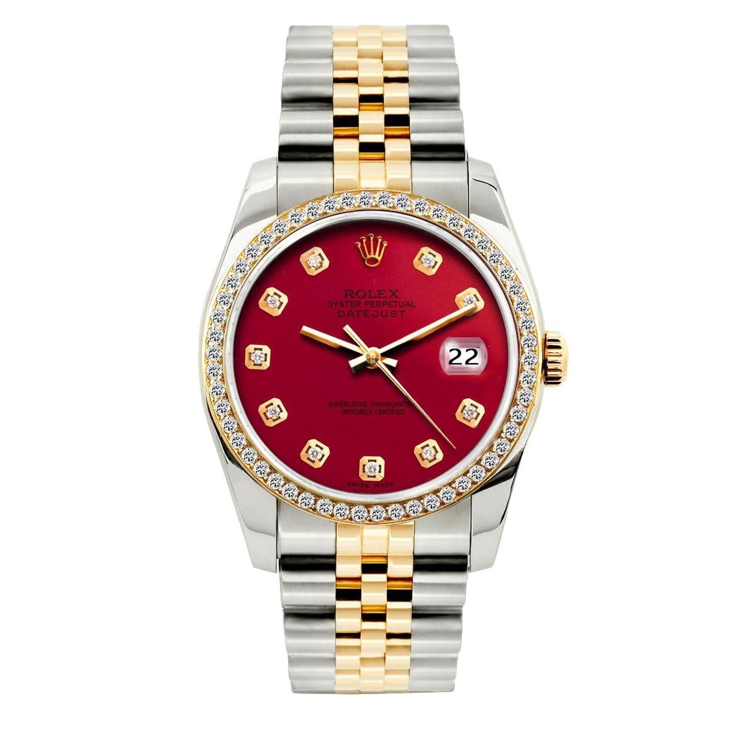 Rolex Datejust 36MM 16013 Red Diamond Dial Diamond Bezel Two Tone Yellow Gold Jubilee Bracelet 1.2ct