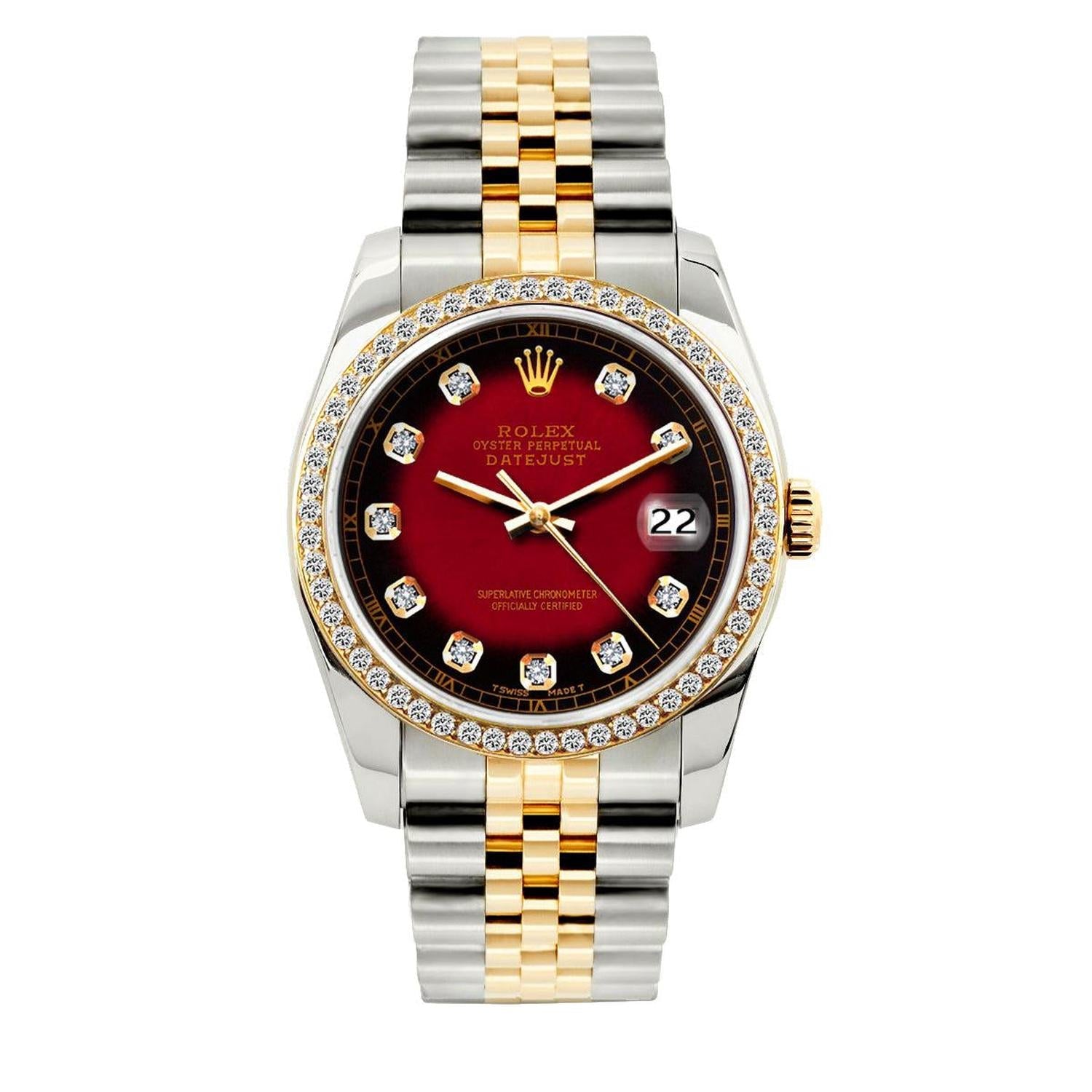 Rolex Datejust 36MM 16013 Red Diamond Dial Diamond Bezel Two Tone Yellow Gold Jubilee Bracelet 1.2ct