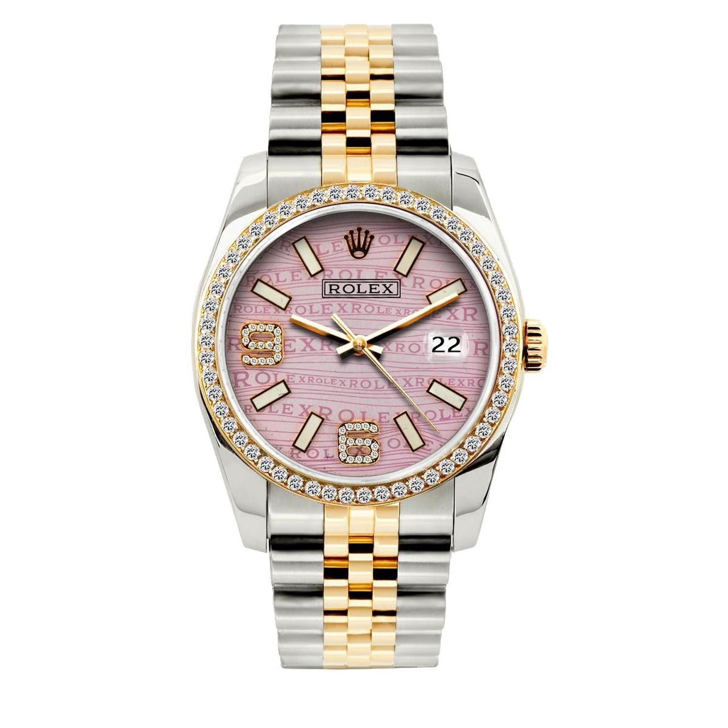 Rolex Datejust 36MM 16013 Pink Wave Arabic Diamond Dial Diamond Bezel Two Tone Yellow Gold Jubilee Bracelet 1.2ct