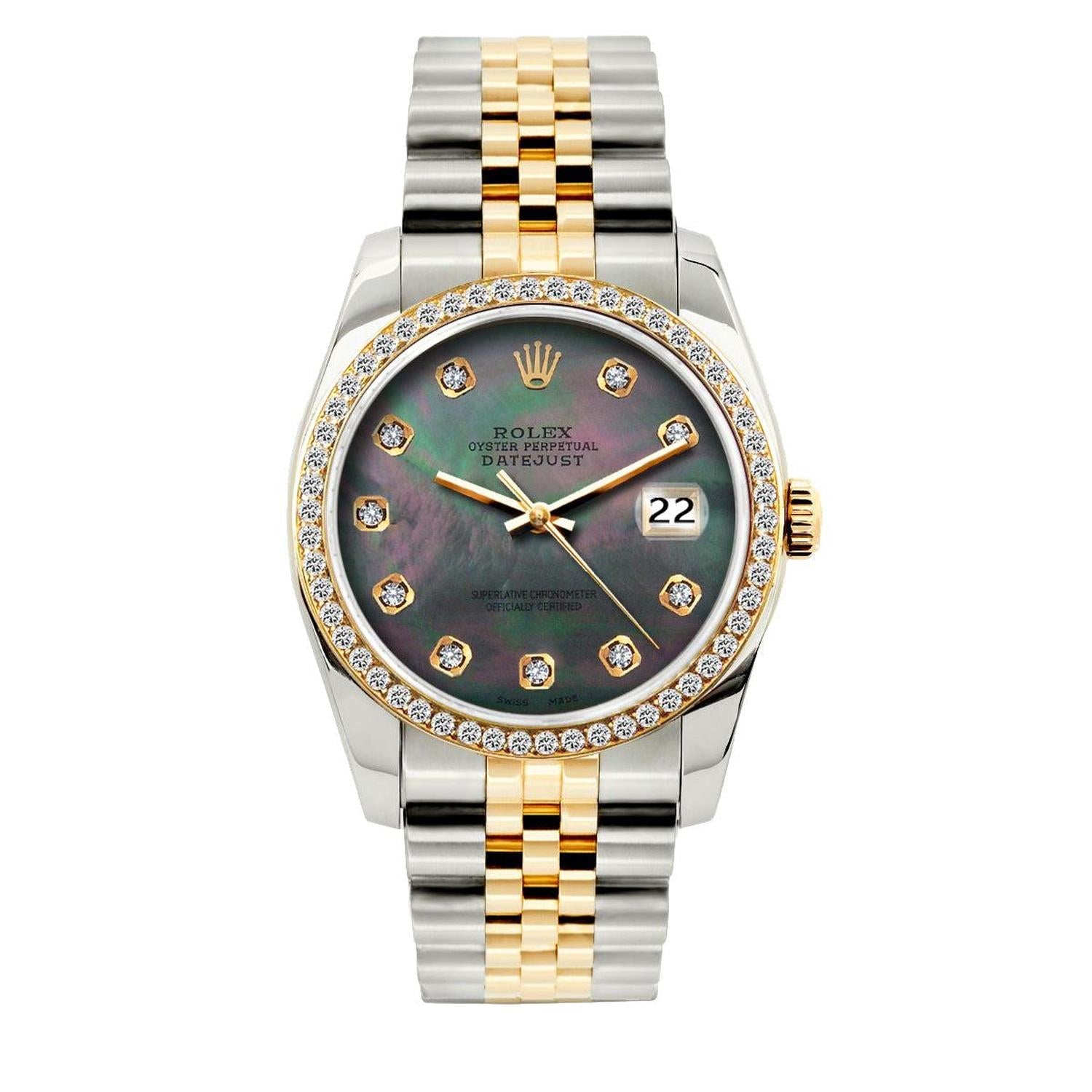 Rolex Datejust 36MM 16013 Black Mother of Pearl Diamond Dial Diamond Bezel Two Tone Yellow Gold Jubilee Bracelet 1.2ct