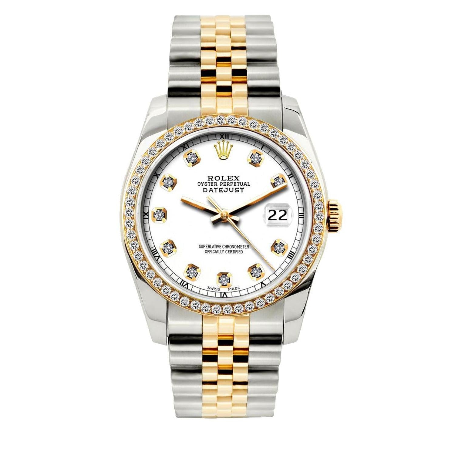 Rolex Datejust 36MM 16013 White Diamond Dial Diamond Bezel Two Tone Yellow Gold Jubilee Bracelet 1.2ct