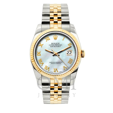 ROLEX DATEJUST 31MM YELLOW GOLD AND STAINLESS STEEL BRACELET BLUE MOTHER OF PEARL DIAL