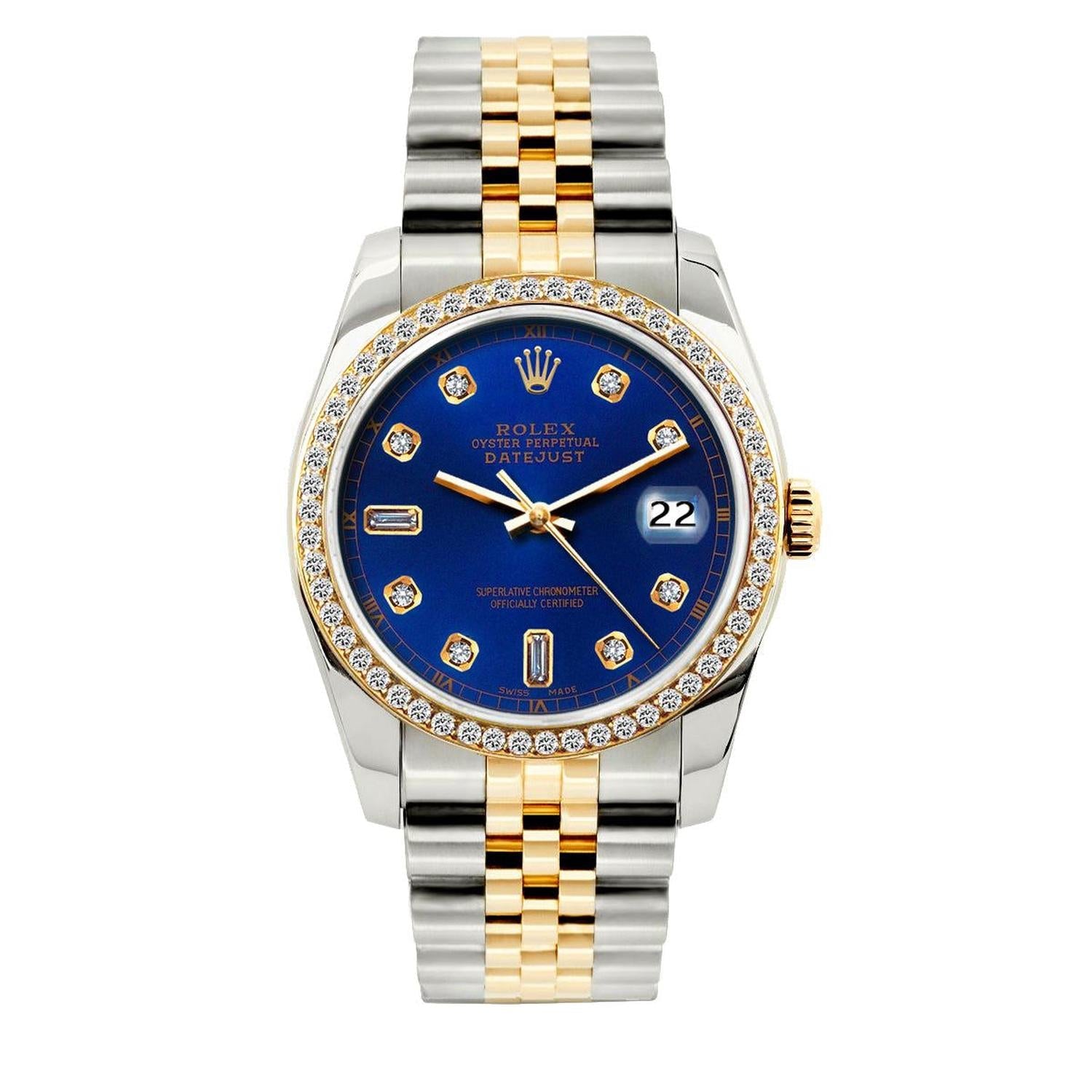 Rolex Datejust 36MM 16013 Blue Diamond Dial Diamond Bezel Two Tone Yellow Gold Jubilee Bracelet 1.2ct