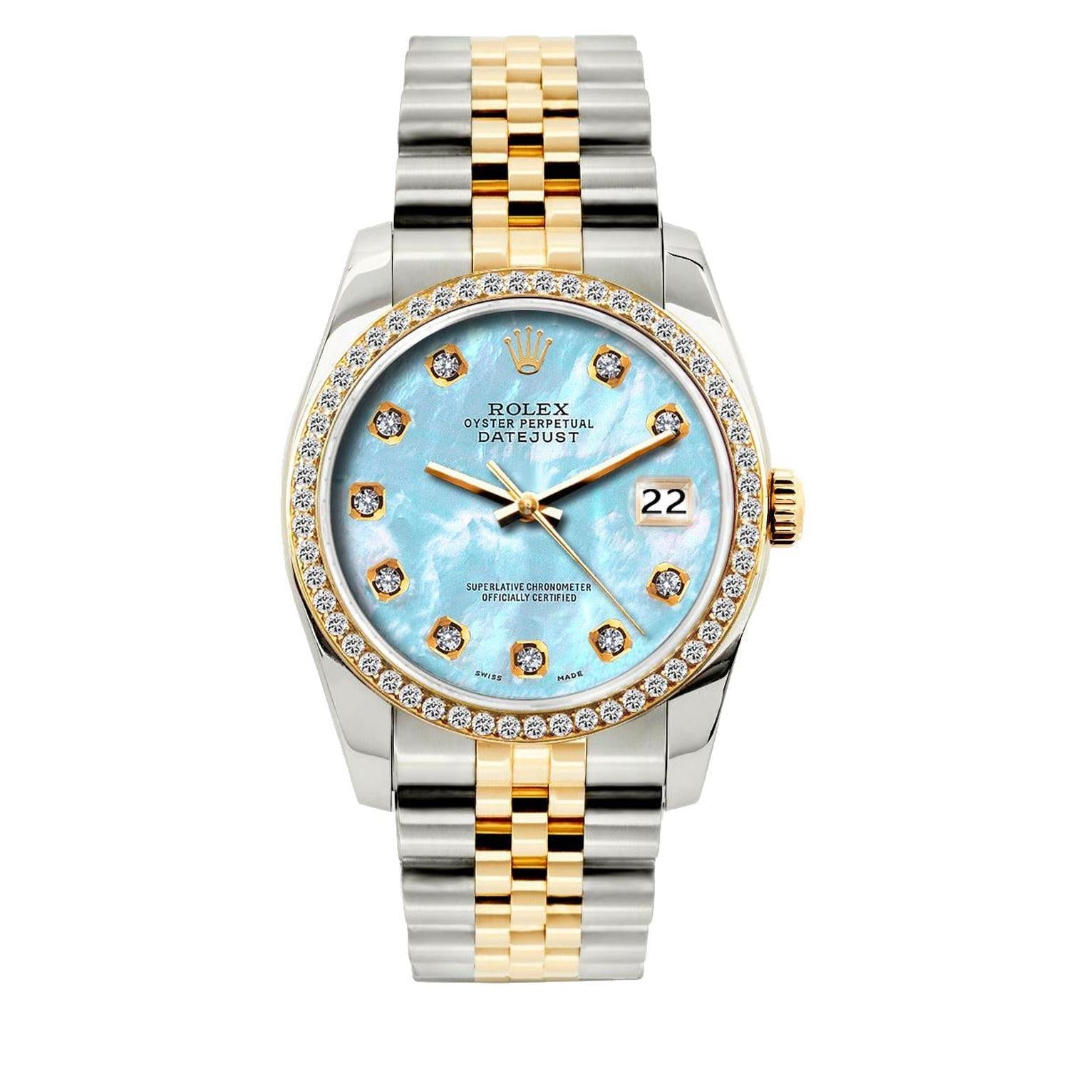 Rolex Datejust 36MM 16013 Blue Mother of Pearl Diamond Dial Diamond Bezel Two Tone Yellow Gold Jubilee Bracelet 1.2ct