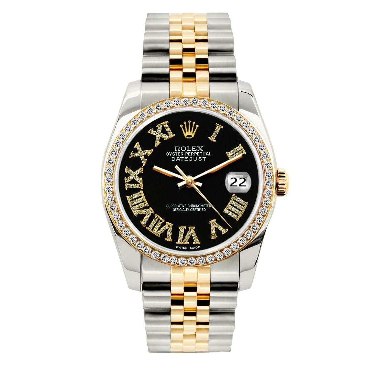 Rolex Datejust 36MM 16013 Black Roman Diamond Dial Diamond Bezel Two Tone Yellow Gold Jubilee Bracelet 1.2ct