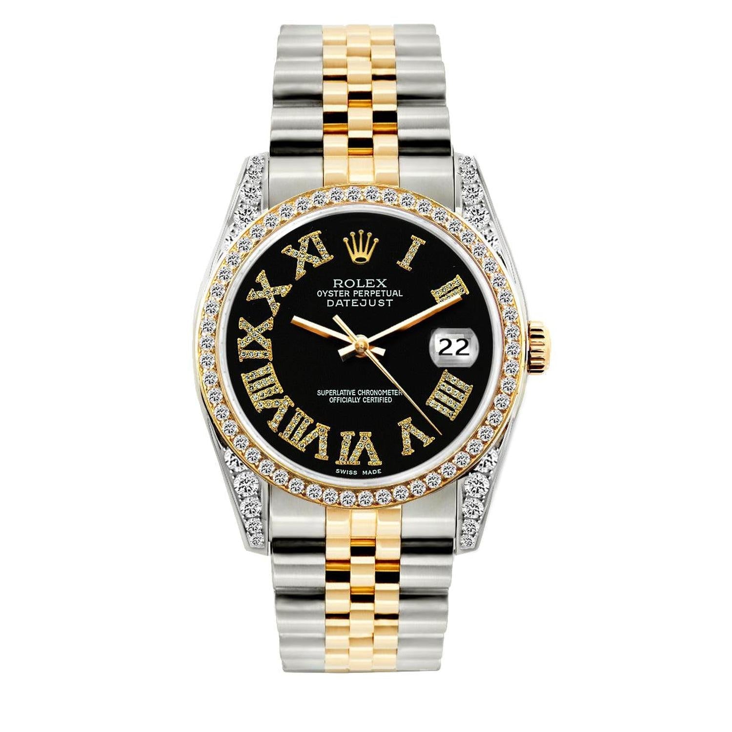 Rolex Datejust 36MM 16013 Black Roman Diamond Dial Diamond Bezel Two Tone Yellow Gold Jubilee Bracelet 1.2ct