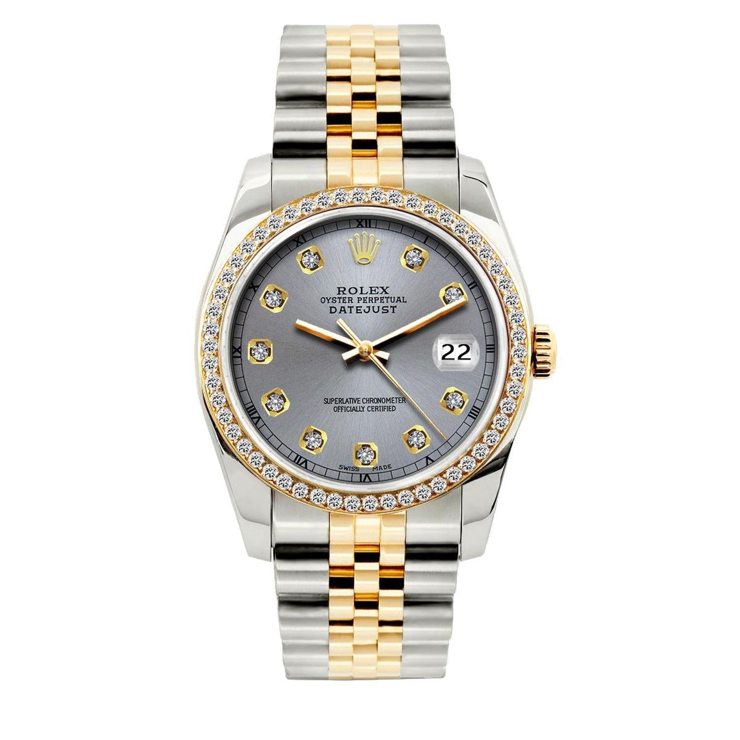 Rolex Datejust 36MM 16013 Gray Diamond Dial Diamond Bezel Two Tone Yellow Gold Jubilee Bracelet 1.2ct