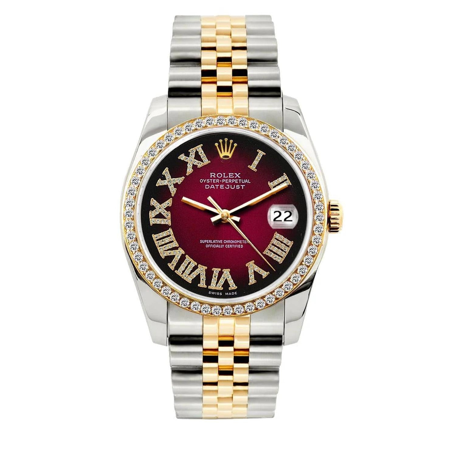 Rolex Datejust 36MM 16233 Red Roman Dial Diamond Bezel Two Tone Jubilee Bracelet 1.2ct